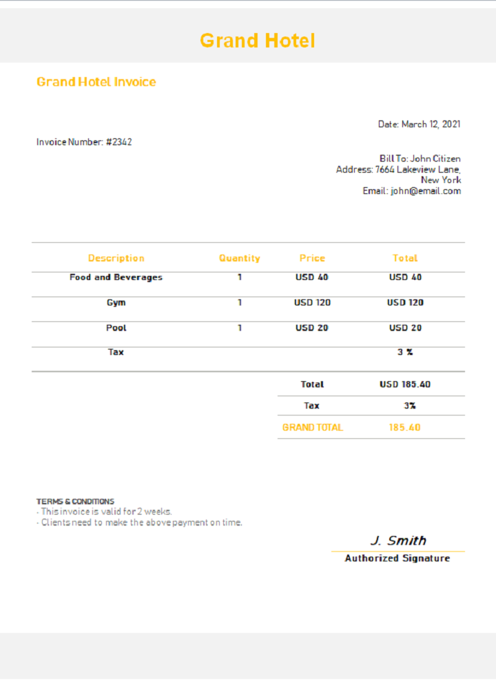 USA Grand Hotel invoice PSD template